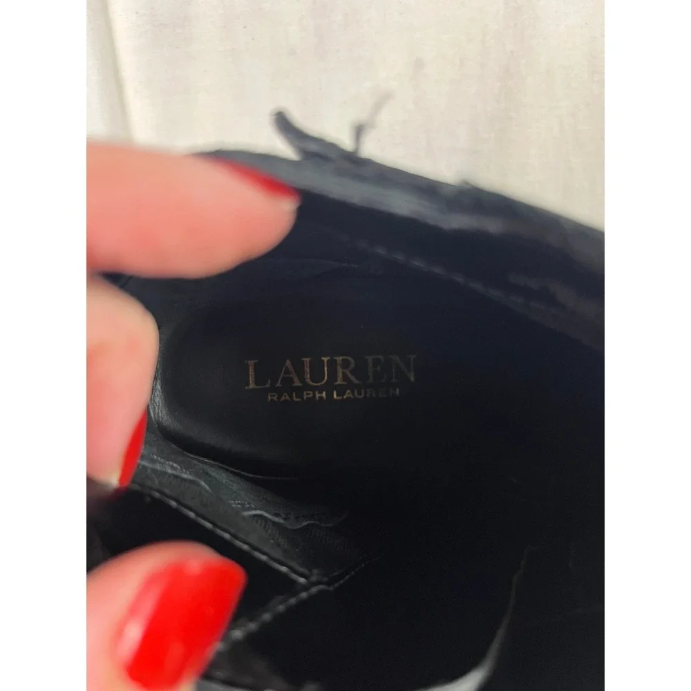 Lauren Ralph Lauren Damara Black Leather Suede Ankle Boots 6.5B Block Heel 11424